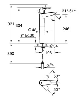 Grohe BauEdge Tek kumandalı lavabo bataryası XL-Boyut - 23761001 - 2