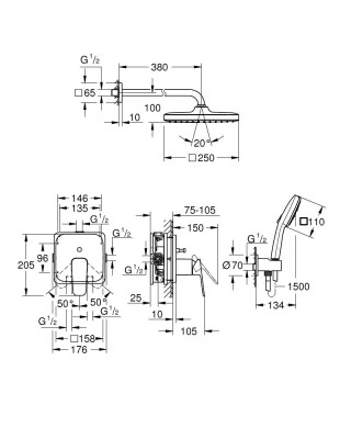 Grohe Cubeo Gizli duş sistemi Tempesta 250 ile - 1053360000 - 2