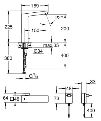 Grohe Eurocube E Fotoselli Lavabo Bataryası Elektrikli - 36440000 - 2