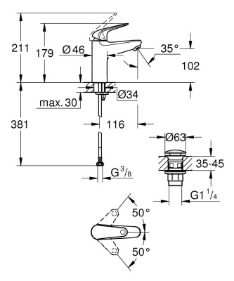 Grohe Euroeco Tek kollu lavabo bataryası 1/2″ M-Boyutu - 24267001 - 2