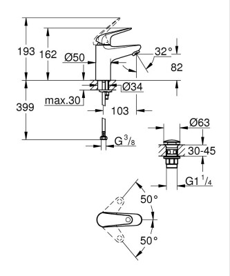 Grohe Euroeco Tek kollu lavabo bataryası 1/2″ S-Boyutu - 24256001 - 2