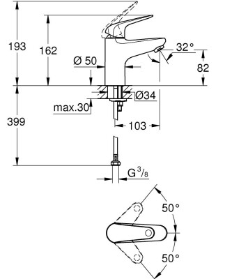 Grohe Euroeco Tek kollu lavabo bataryası 1/2″ S-Boyutu - 32734001 - 2
