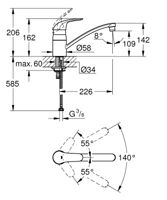 Grohe Euroeco Tek kumandalı eviye bataryası - 32750000 - 2