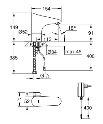 Grohe Europlus E Fotoselli Lavabo Bataryası Elektrikli - 36015001 - 2