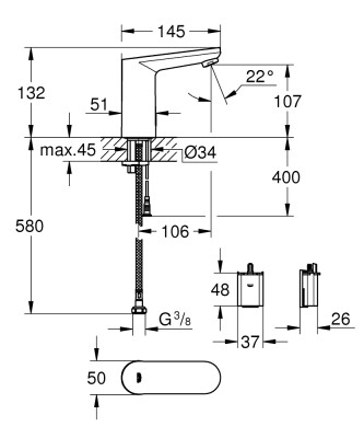 Grohe Eurosmart Cosmopolitan E Fotoselli lavabo bataryası - tek su girişli - 36439001 - 2