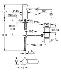 Grohe Eurosmart Cosmopolitan T Çift su girişli, sıcaklık sınırlayıcılı, zaman ayarlı lavabo bataryası - 36318000 - 2