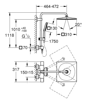 Grohe Rainshower SmartActive 310 Duvara monte termostatik bataryalı duş sistemi - 26649000 - 2
