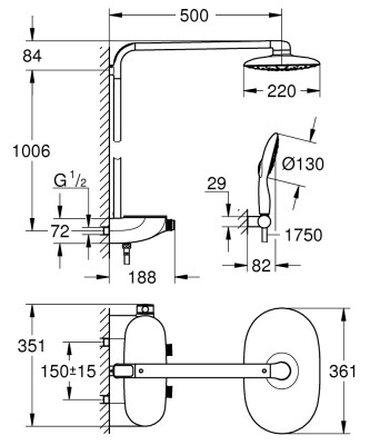 Grohe Rainshower System SmartControl Mono 360 Duvara monte termostatik bataryalı duş sistemi - 26361000 - 2
