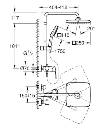 Grohe Tempesta System 250 Cube Duvara monte tek kumandalı bataryalı duş sistemi - 26692001 - 2