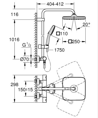 Grohe Tempesta System 250 Cube Duvara monte termostatik bataryalı duş sistemi - 26689001 - 2