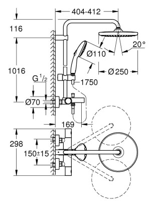 Grohe Tempesta System 250 Duvara monte termostatik banyo bataryalı duş sistemi - 26978001 - 2